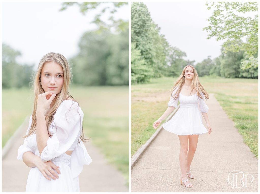 Senior girl posing with hand on her chin and twirling for her spring mini session in Fairfax County, Virginia taken by TuBelle Photography.