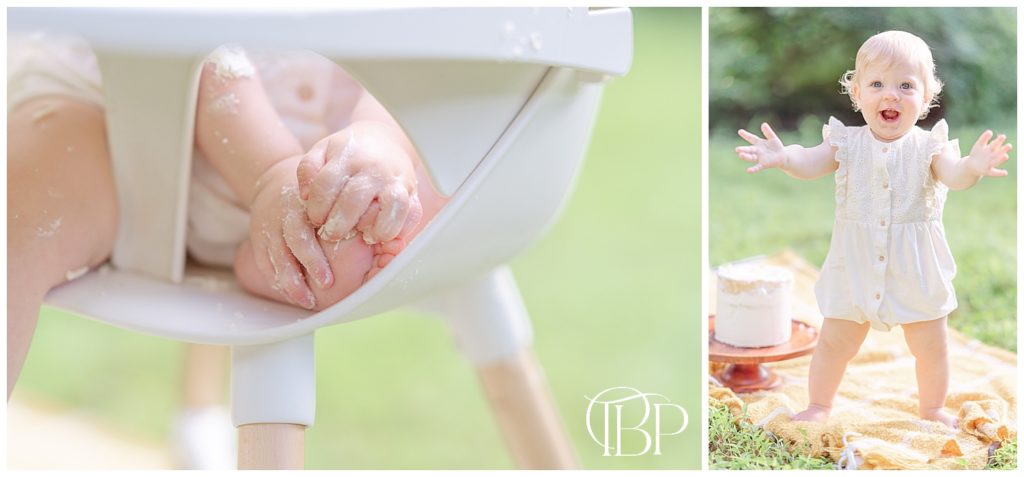 baby girl smiling and playing with her feet during Warrenton, VA cake smash photography