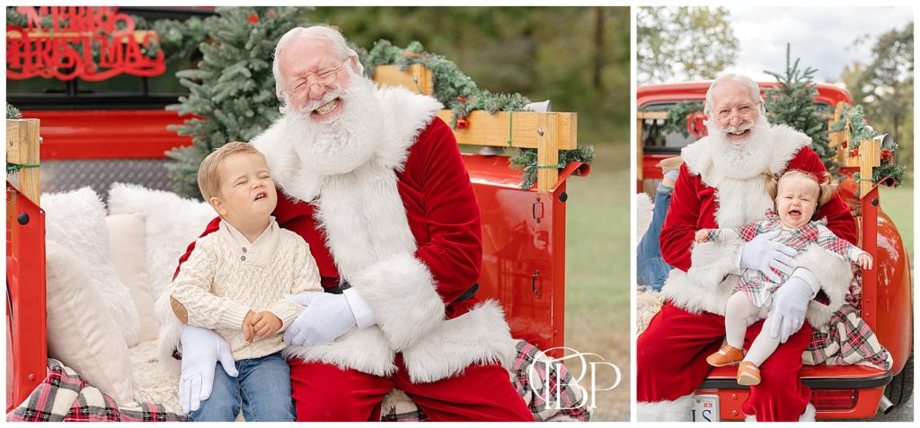 boy laughing with Santa while baby girl is crying during red truck mini session in NoVa