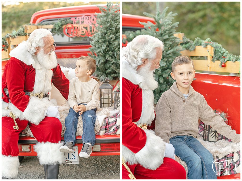 boys wishing to Santa during red truck mini session in Northern Virginia
