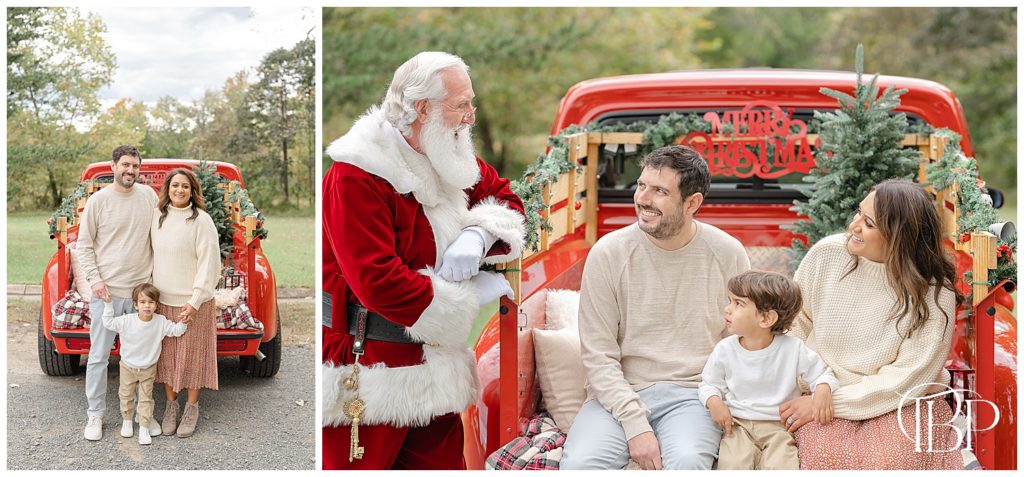 family of 3 laughing with Santa during red truck mini session in Northern Virginia