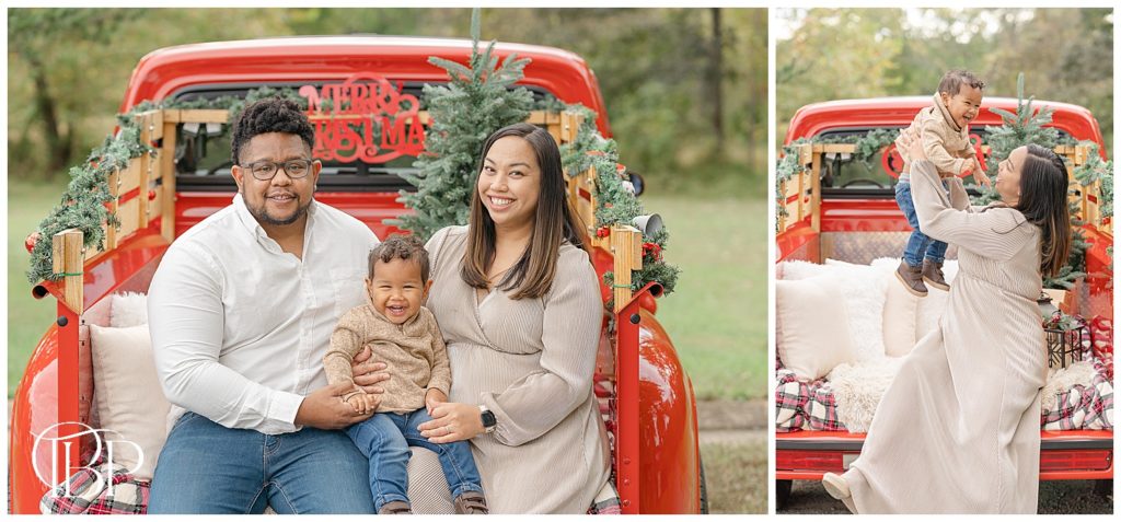 family of 3 smile for photos during red truck minis in Northern Virginia