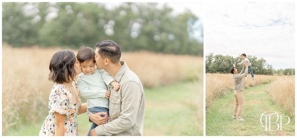 parents kiss son during fall mini session in Manassas, Virginia