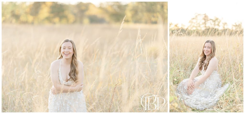 girl laughing at a huge field with tall grass during a senior session in Manassas, VA