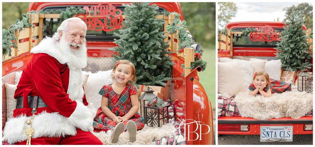 little girl and Santa posing for photos during red truck minis in Northern VA
