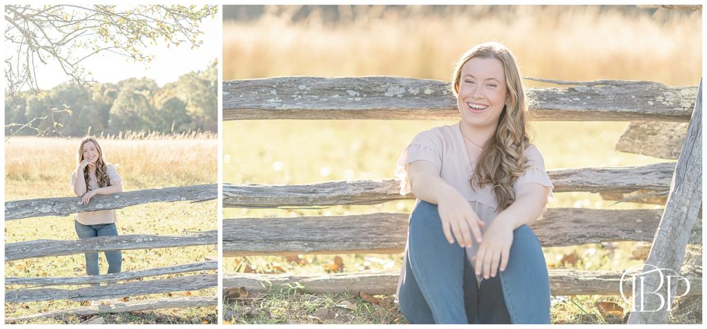 girl laughing by the wooden fence during Manassas, VA senior photos