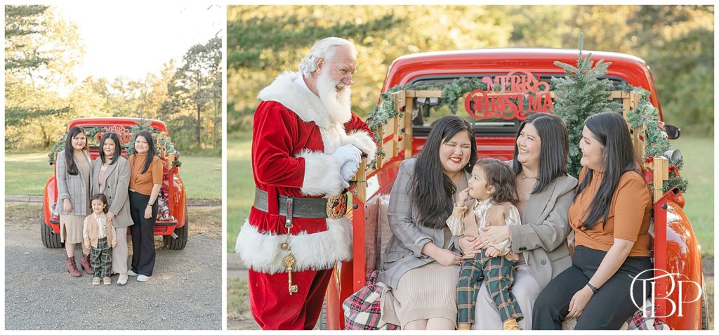 adult siblings with child and Santa during red truck minis taken by a Northern Virginia photographer