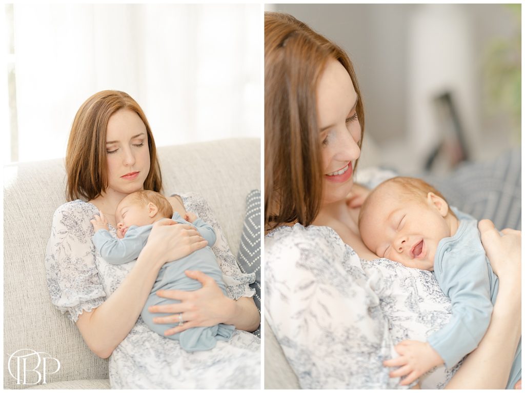 baby smiling while held by mom during in home newborn session in Arlington, Virginia