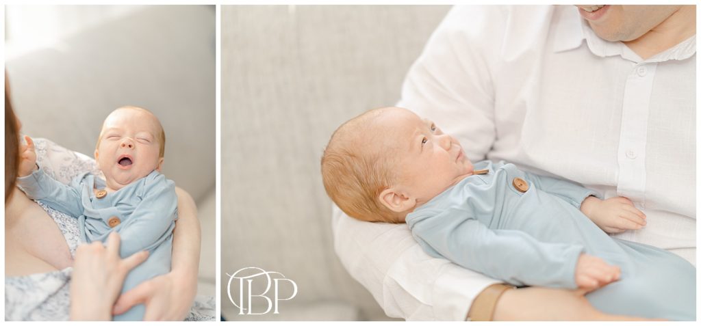 baby boy yawning during in home newborn session in Arlington, VA