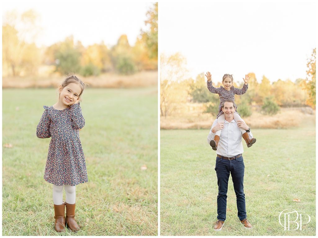 Daughter on dad's shoulder during fall mini session taken by Loudoun County, Virginia photographer