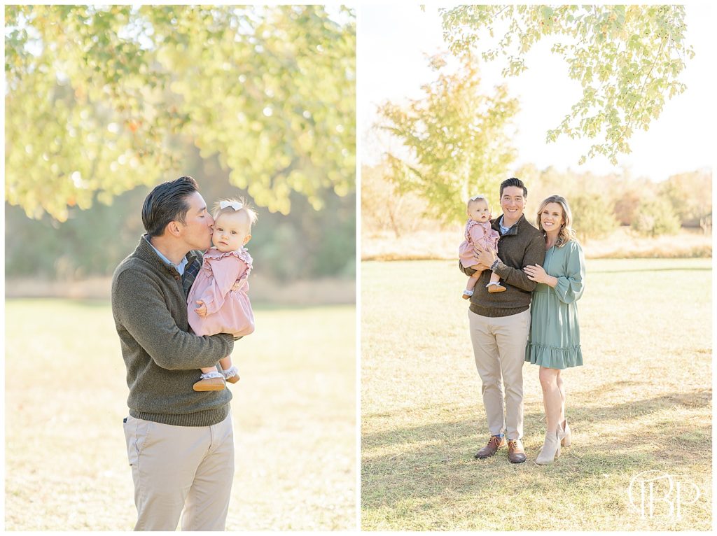 Family of 3 posing during fall mini session taken by Leesburg, Virginia photographer