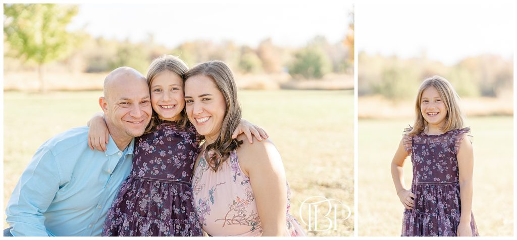 Family of 3 with big smiles during fall minis taken by Ashburn, VA photographer