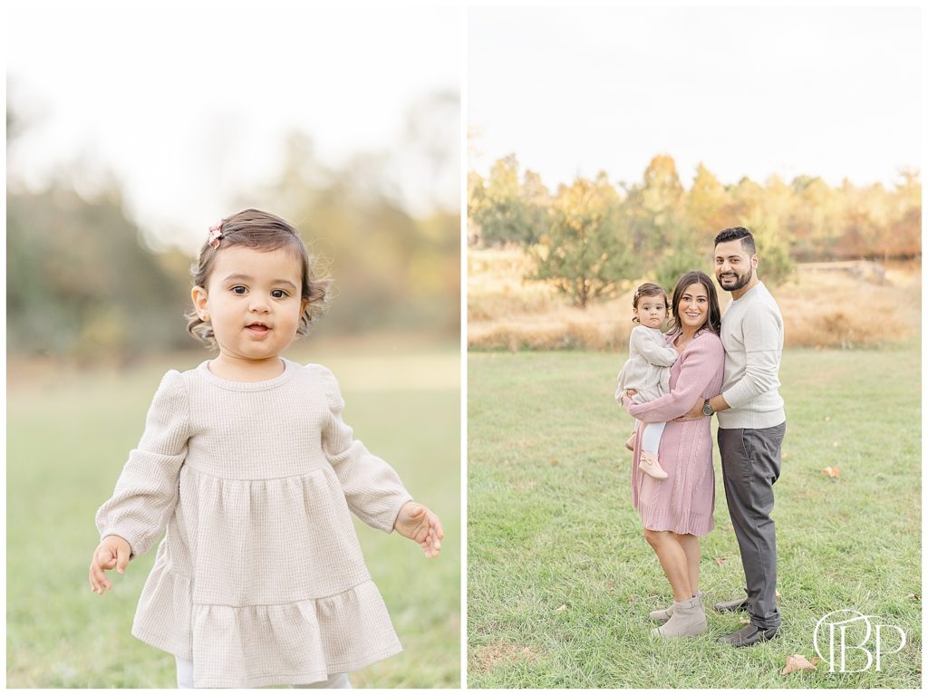 Family of 3 posing for photos during fall minis taken by South Riding, Virginia photographer