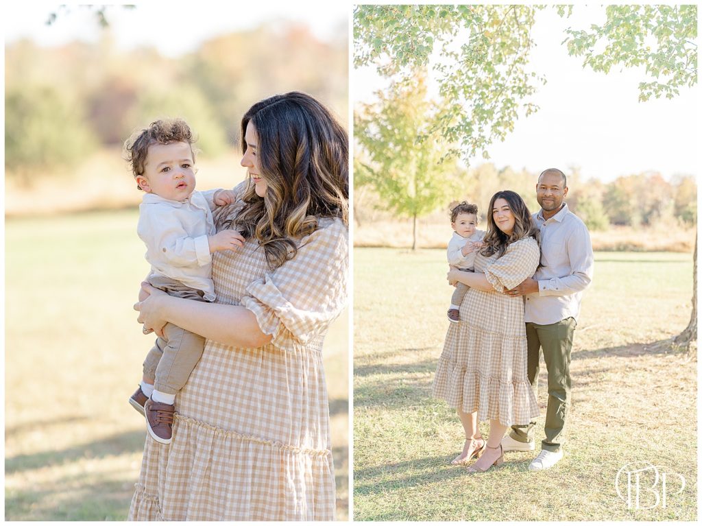 Family of 3 posing for pictures during South Riding, Virginia fall mini session