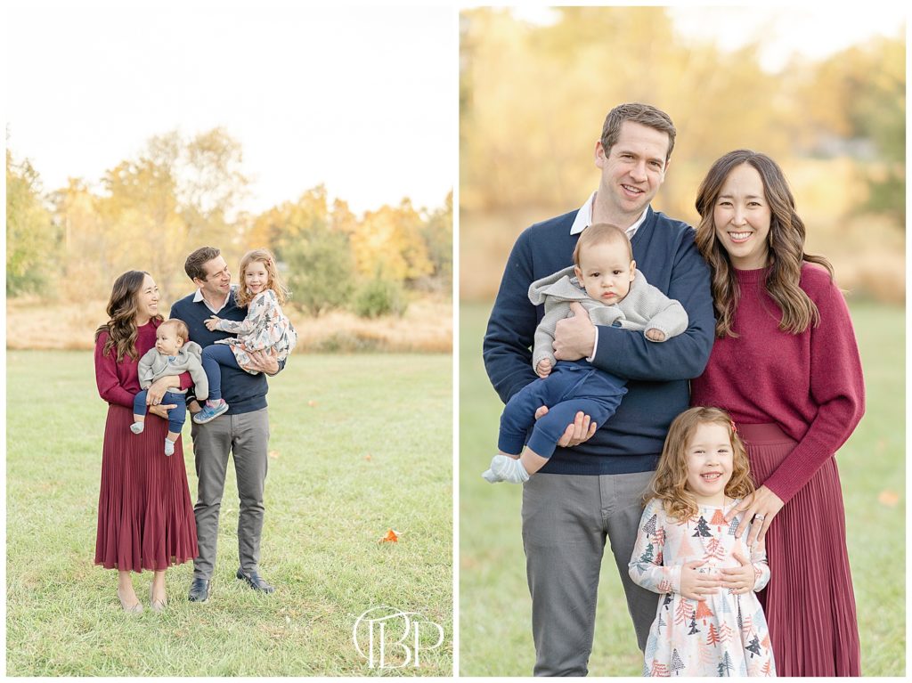 Family of 4 smiling for the camera during Aldie, VA fall minis