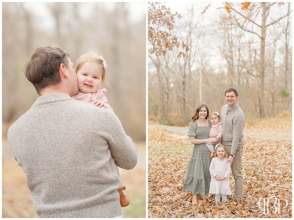 Dad kissing baby girl during fall mini session in Prince William County, Virginia