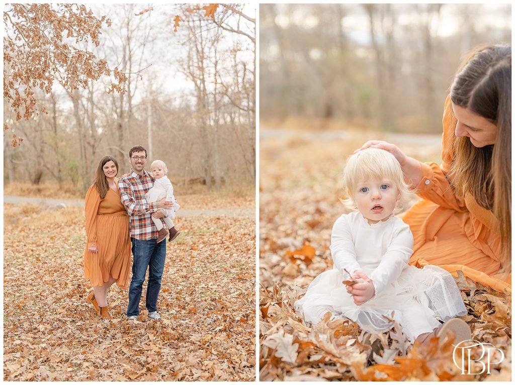 Family of 3 having their photo taken during fall mini session take by Haymarket, Virginia photographer