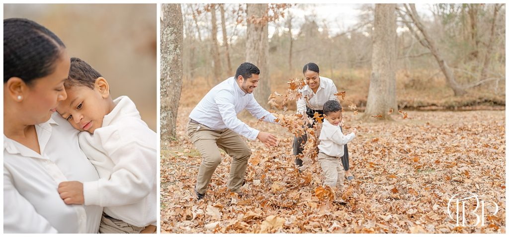Family playing leaf during fall mini session taken by a Haymarket, VA photographer