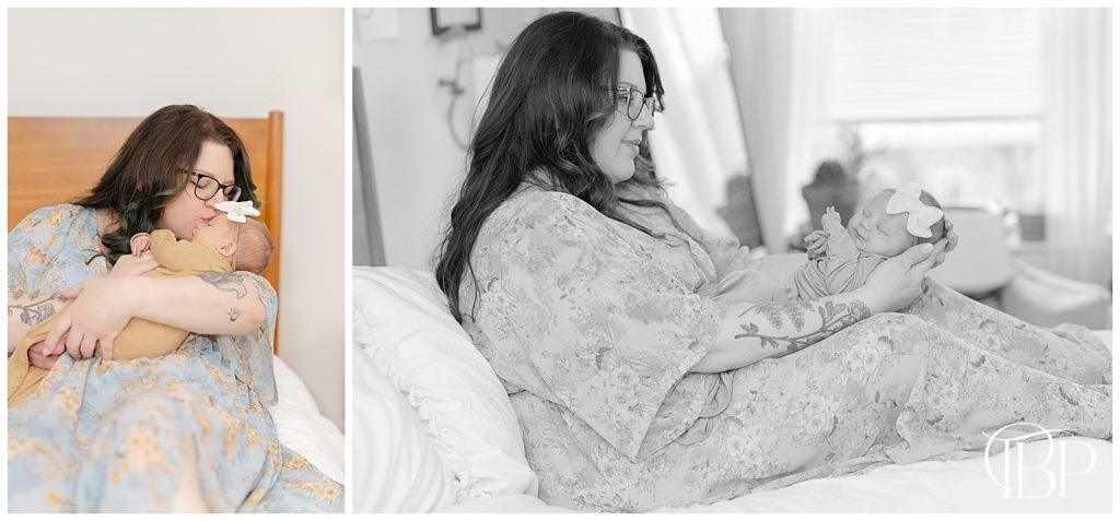 Mom and baby girl spending time on the bed during Haymarket, VA lifestyle newborn photos