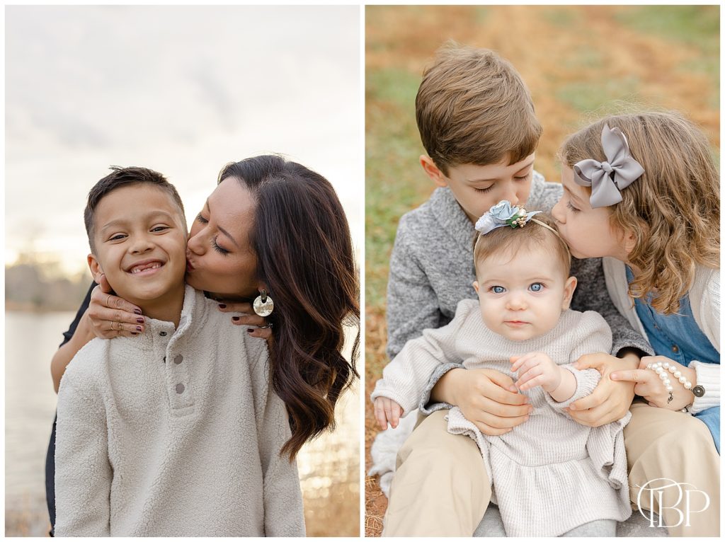 mom kissing son & big brother and big sister kissing baby girl during NoVa fall pictures