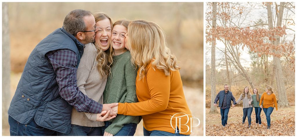 Parents kiss teenagers during fall minis taken by Haymarket, VA photographer