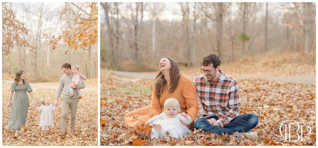Families at a park with leaves on the ground during Virginia fall mini photos