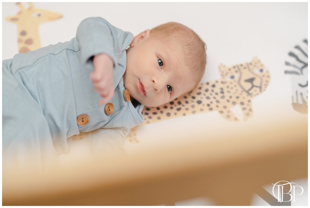 Baby boy in crib during Leesburg, VA at home newborn photography