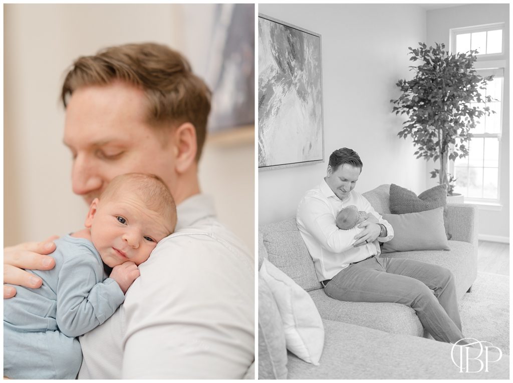 Dad in the living room with baby during Leesburg, Virginia newborn photography