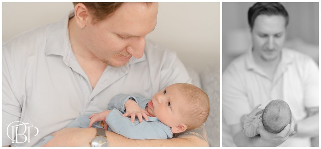 Dad looking at baby with full of love taken by Leesburg, Virginia at home newborn photographer