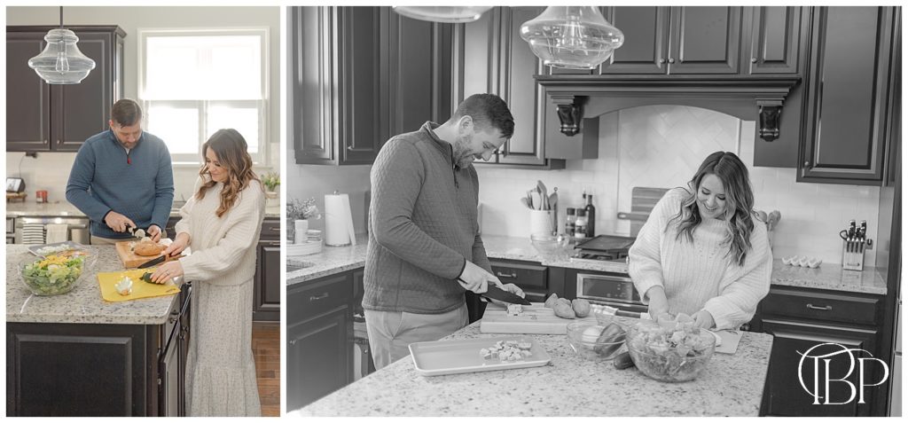 Family cooking in their kitchen during lifestyle photos in Fairfax, Virginia