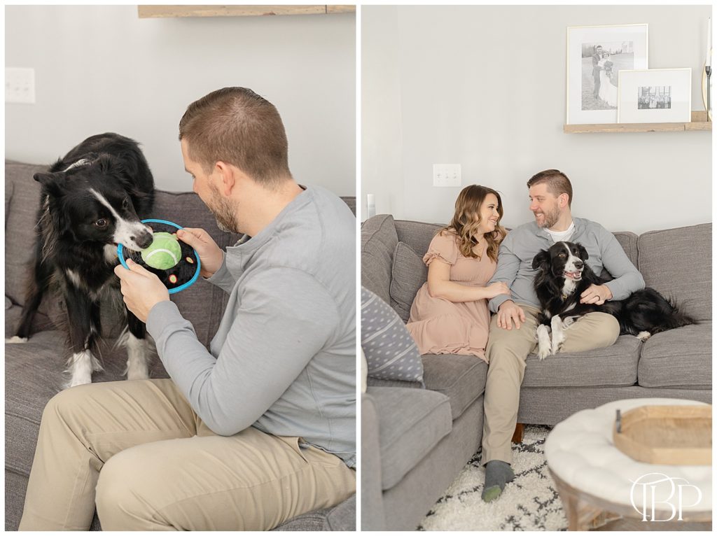 Family playing with their dog in their living taken by a lifestyle photographer in Fairfax, VA