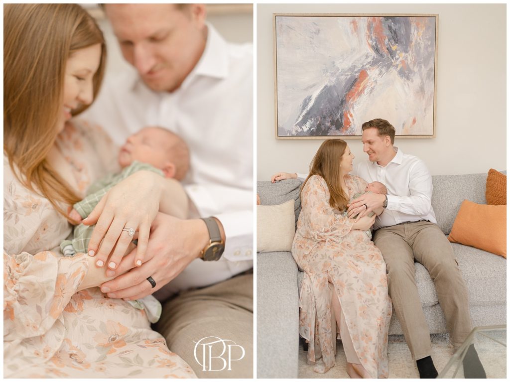 Parents in the living room with baby during Leesburg, VA at home newborn photos