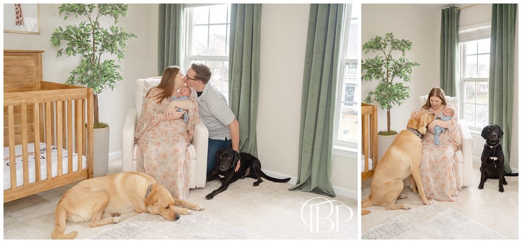 Parents at the nursery with 2 dogs during at home newborn photos in Leesburg, VA