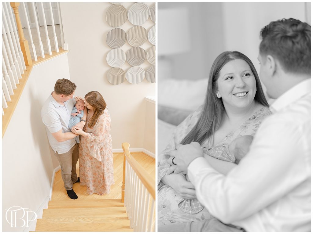 Parents by the stairs with baby boy during Leesburg, VA at home newborn session
