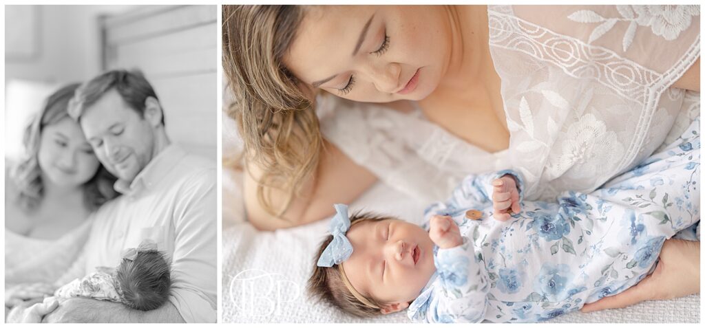 Baby girl adored by parents during Centreville, VA in home newborn pictures