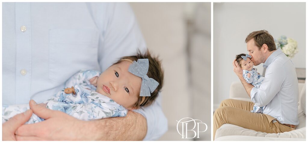 Dad kissing baby girl during Centreville, VA in home newborn photography