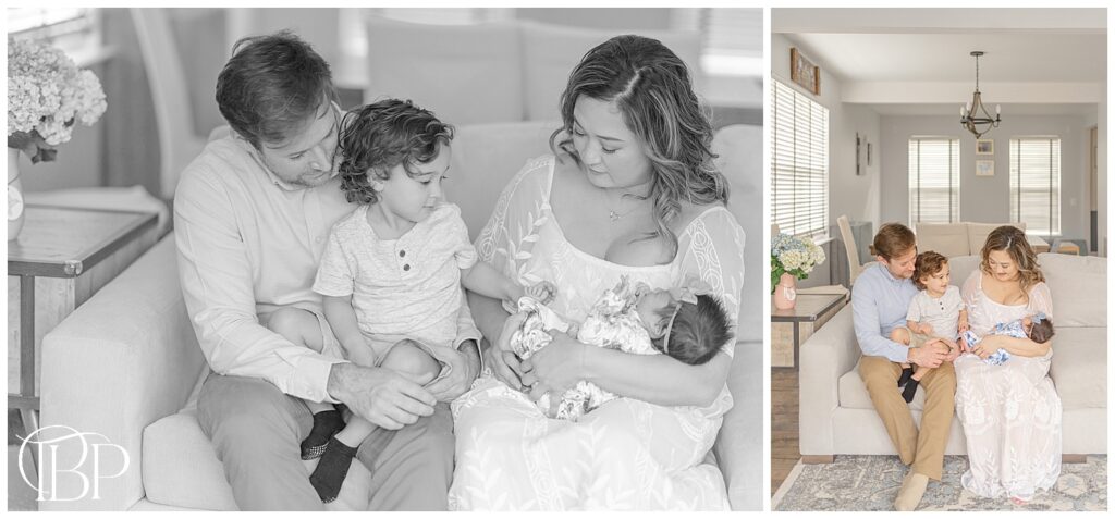 Family of 4 in the living room during Centreville, VA in home newborn pictures
