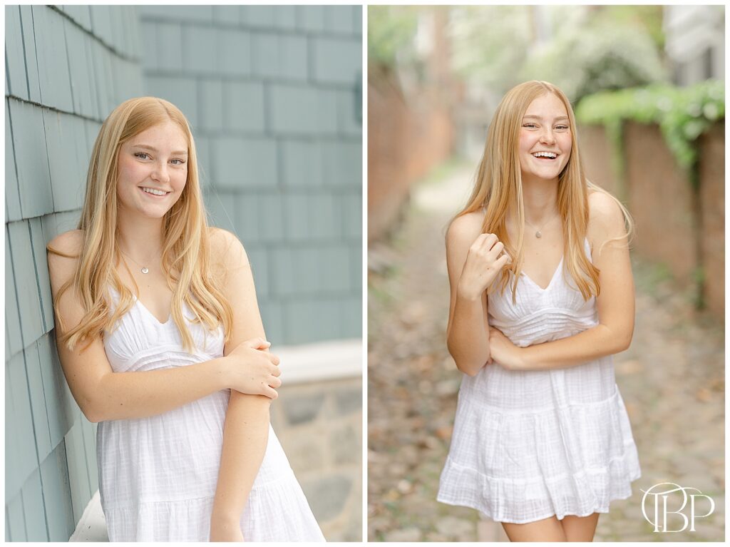 Girl laughing during senior session at Old Town Alexandria