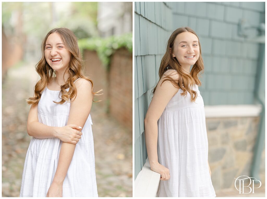 Girl leaning on the wall during senior photography at Old Town Alexandria