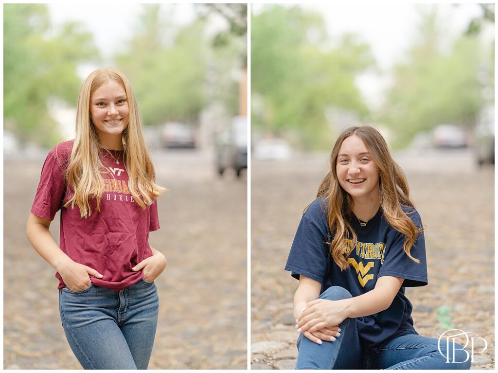 Girls wearing college t-shirt during senior photography at Old Town Alexandria