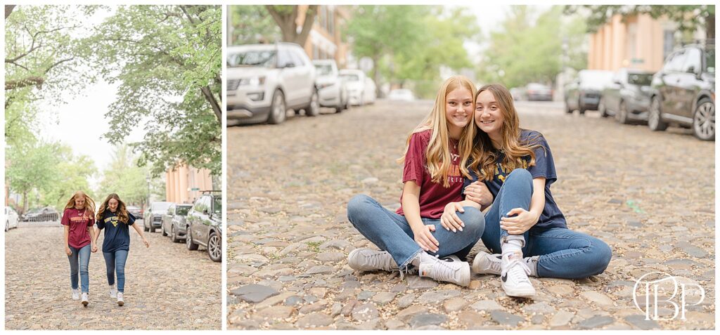 Sisters wearing college t-shirt during Old Town Alexandria senior session