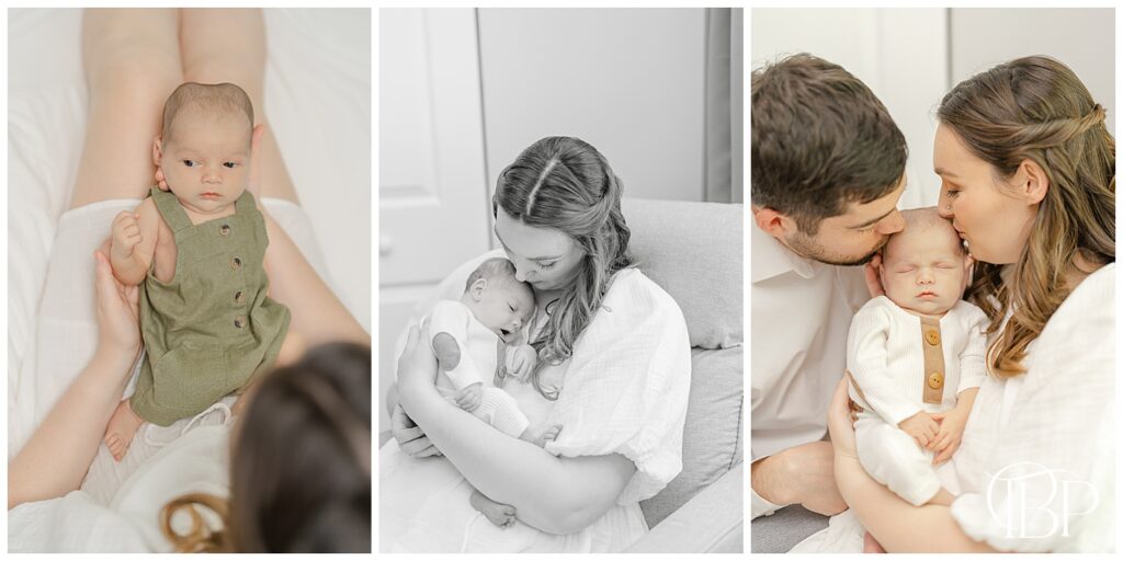 Baby boy held by parents during Marshall, Virginia lifestyle newborn photography