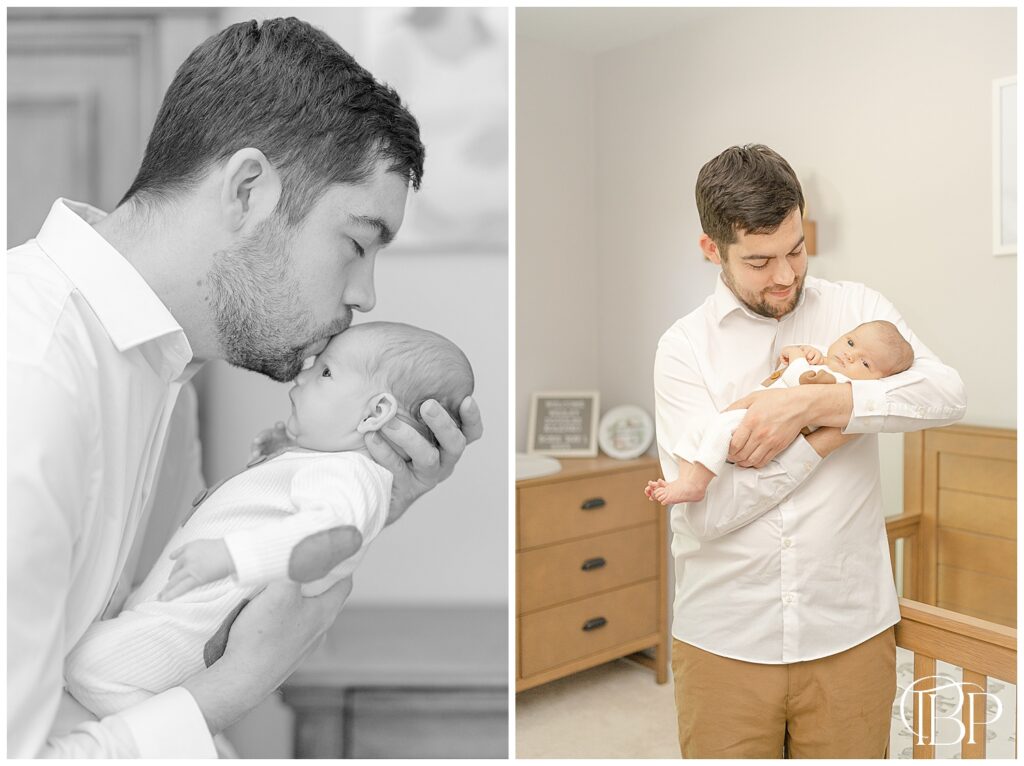 Dad with baby in nursery during lifestyle newborn photography in Marshall, VA