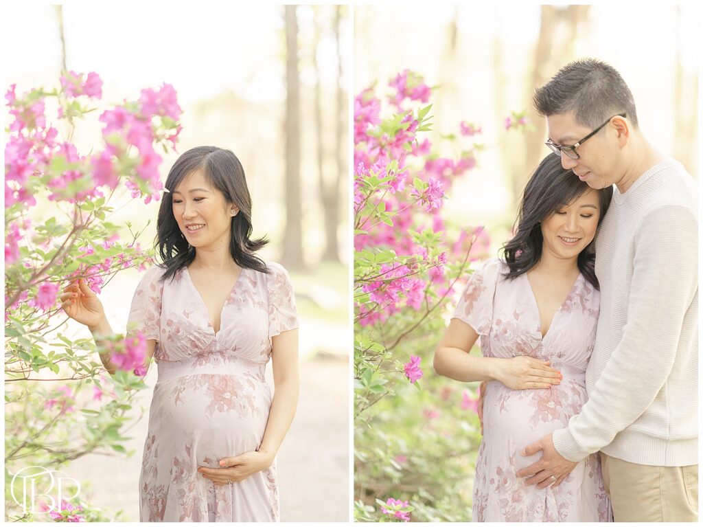 Expecting couple by a field of flowers during Fairfax County, Virginia maternity session at a botanical garden