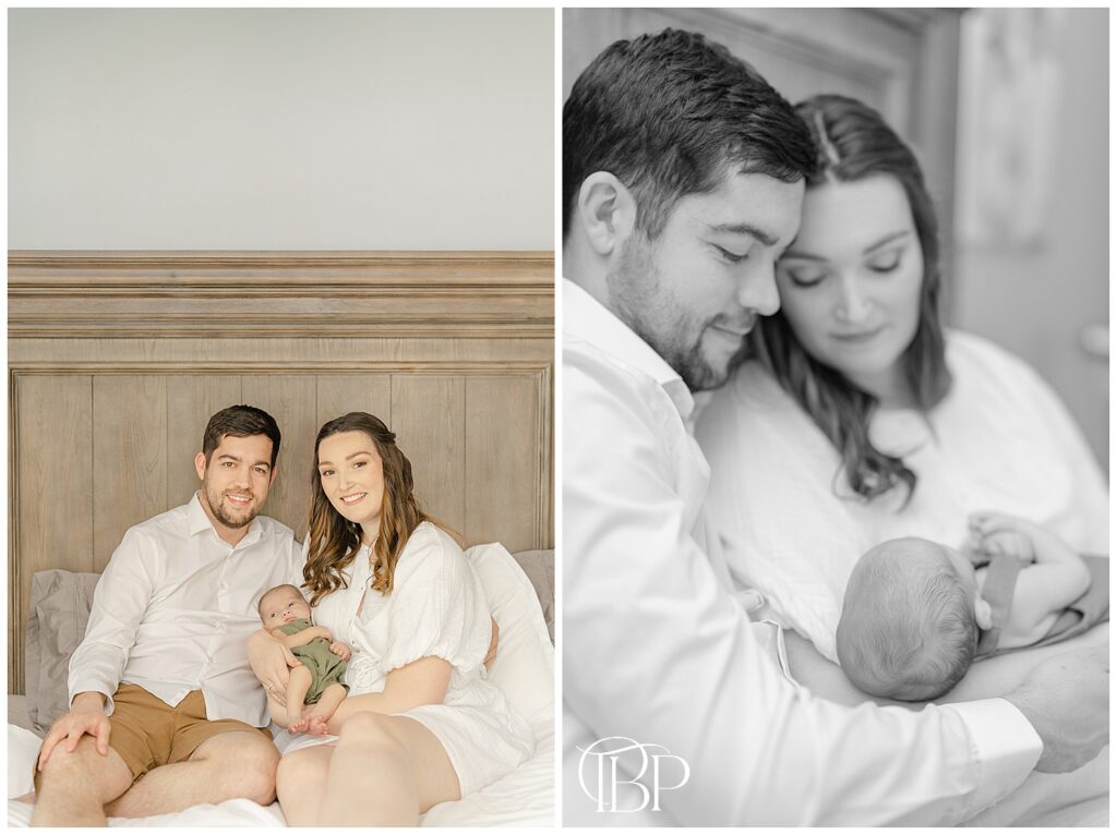 A family of 3 in the master bedroom taken by a Marshall, VA lifestyle newborn photographer
