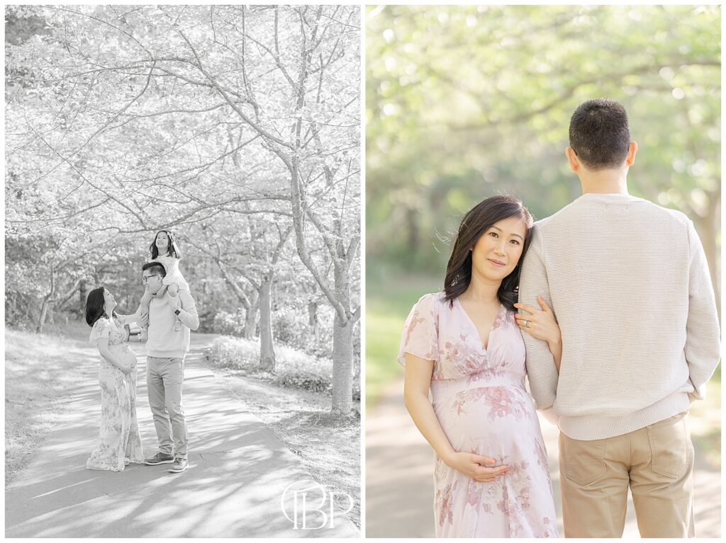 Family playing during Fairfax County, Virginia maternity pictures at a botanical garden