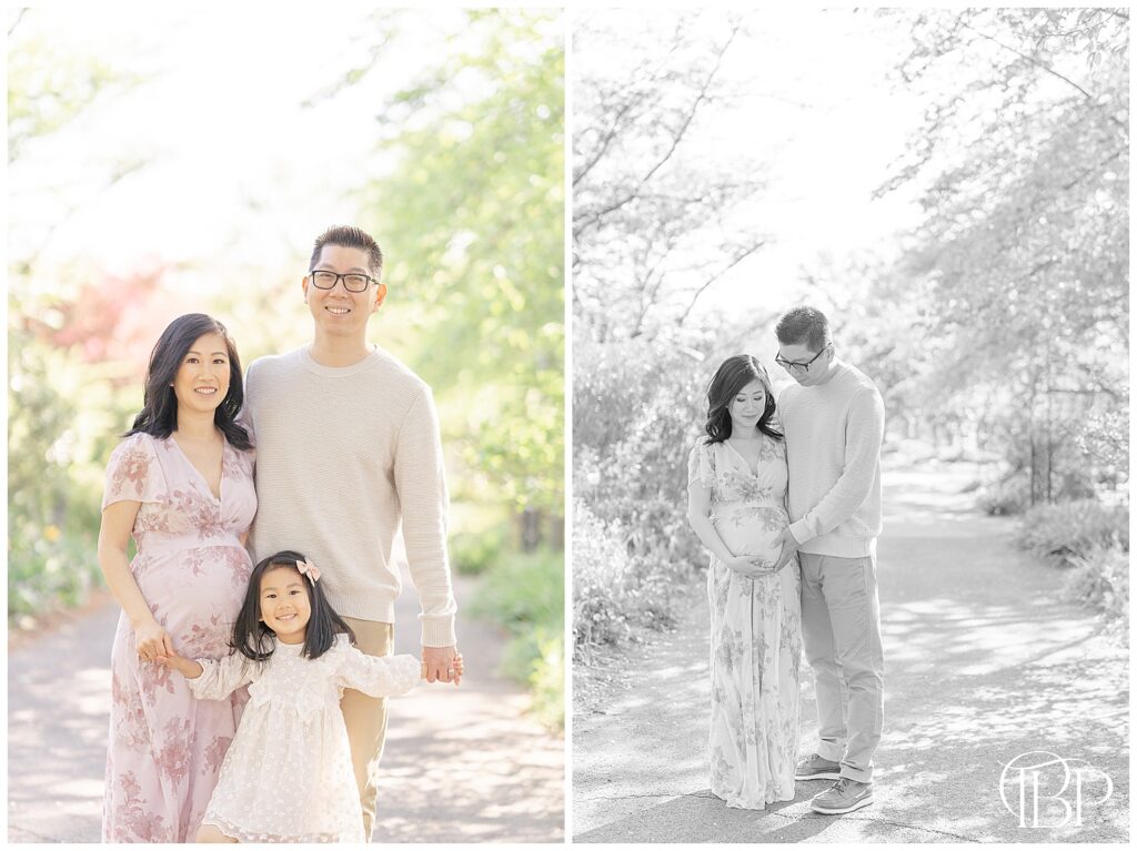 Family of 3 smiling during Fairfax County, VA maternity pictures at a botanical garden