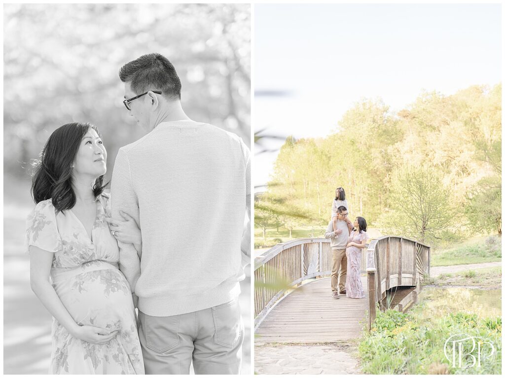 Mom and dad looking at each other during maternity session in Fairfax County, Virginia at a botanical garden