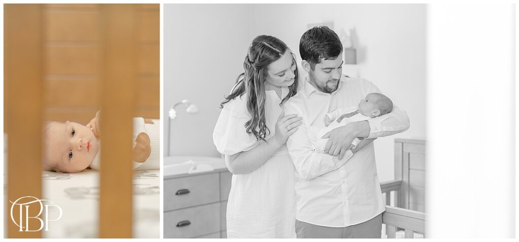 Parents looking at baby during Marshall, Virginia lifestyle newborn session