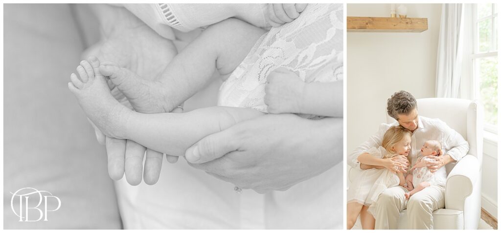 Baby feet held by mom during in home newborn photos in Chantilly, Virginia